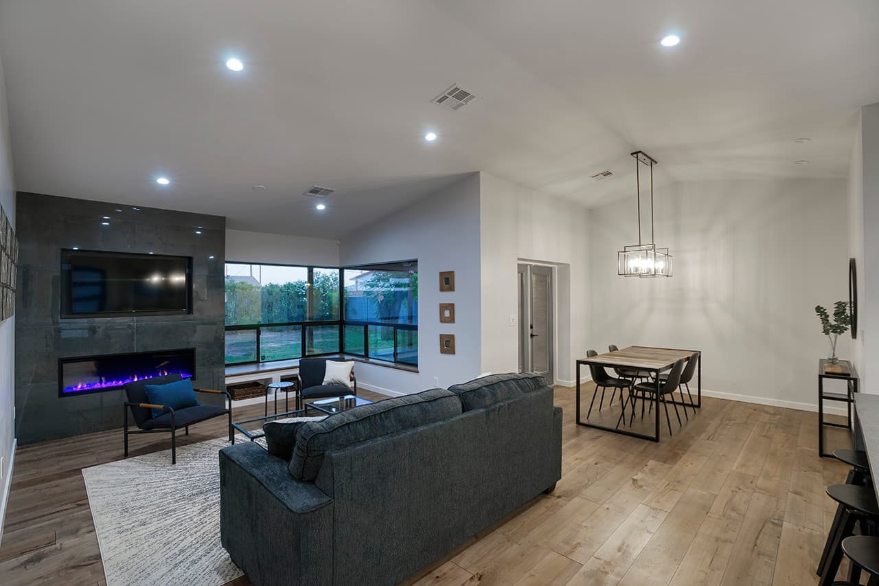 Completed living room after fire restoration and finish work